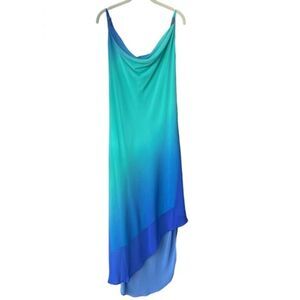 Boston Proper Bebe Cowl Neck Ombré Chiffon Asymmetrical Dress Blue Green Size S